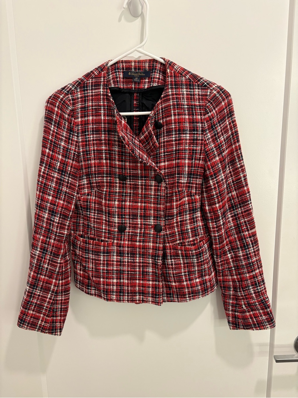 Women's Red Plaid Double-Breasted Tweed Jacket- Brooks Brothers